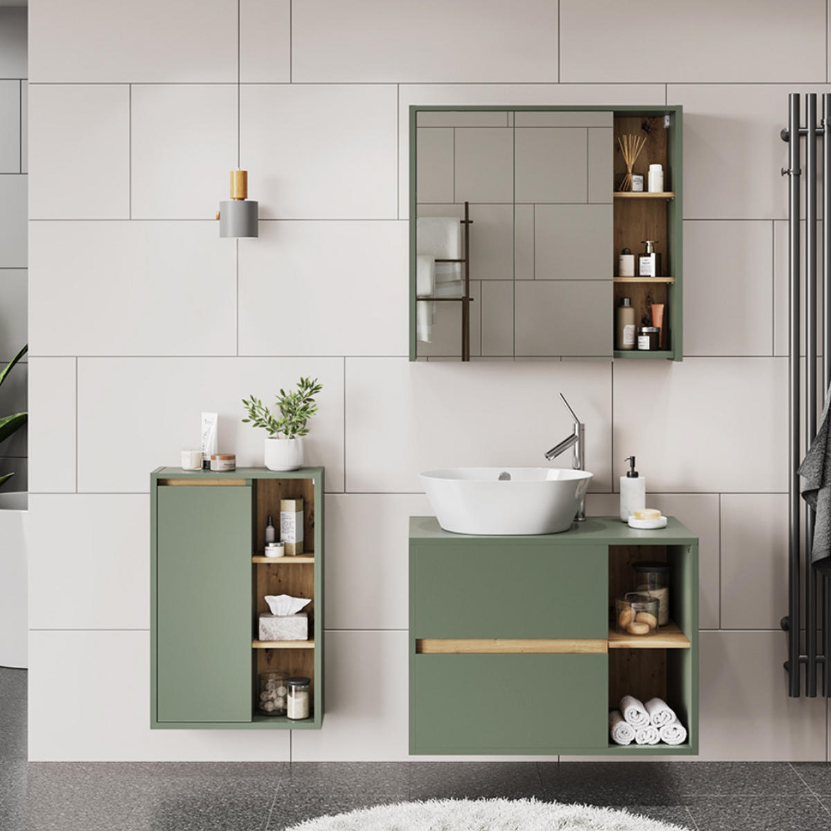 SADA KOUPELNOVÉHO NÁBYTKU Viola Zelená/umělecká - dub artisan/zelená barva, kompozitní dřevo (80/60/46cm) - Vicco