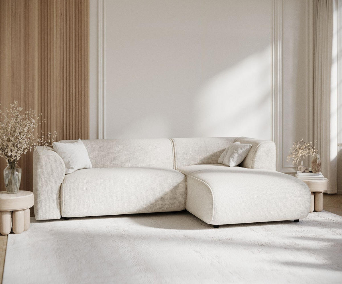 ECKSOFA Melani Creme Chenille-Stoff - Rechts Seite - Creme/Schwarz, Holz/Holzwerkstoff (162/256cm) - Maison de Reve