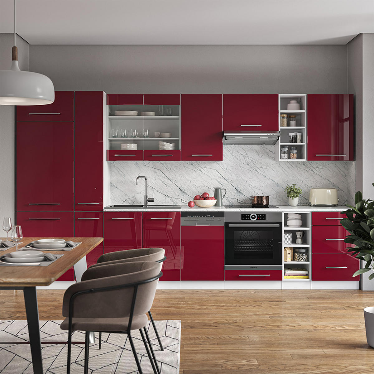 KÜCHENZEILE Fame-Line Bordeaux Hochglanz/Weiß 355 cm, AP Marmor - Bordeaux/Weiß, Holzwerkstoff (355/81.6/60cm) - Vicco