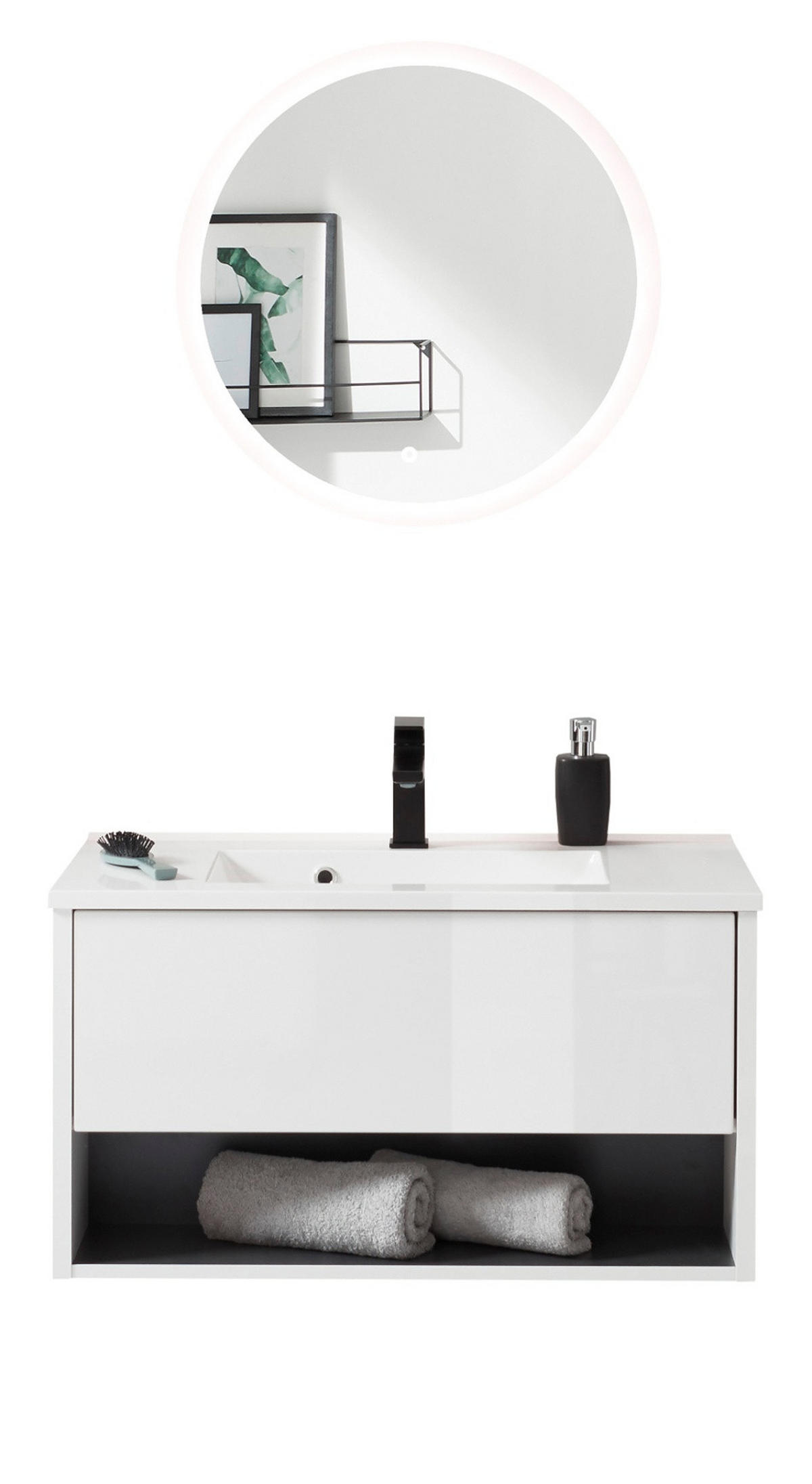 BADMÖBEL Set in weiß Hochglanz und grau mit Waschbecken und LED Beleuchtung 80 x 190 cm Glide - Weiß Hochglanz/Grau, Glas/Holzwerkstoff (80/190/47cm) - Furn.Design