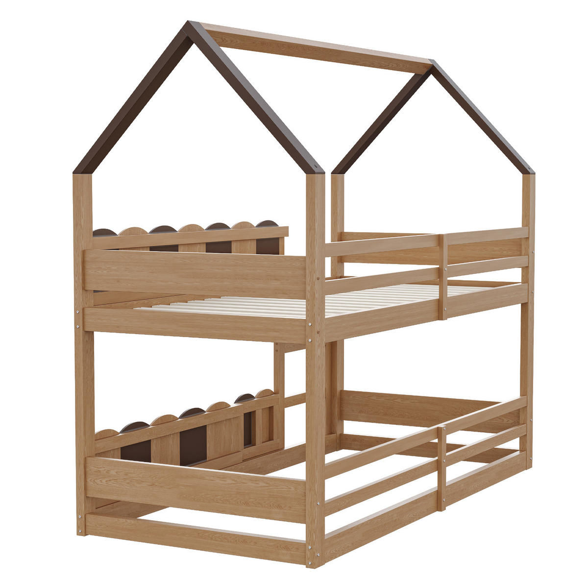 ETAGENBETT 90/200 cm in Naturholz, hausförmig mit Sicherheitsgeländern - Naturfarben, Holz (90/200cm) - OKMYHOME