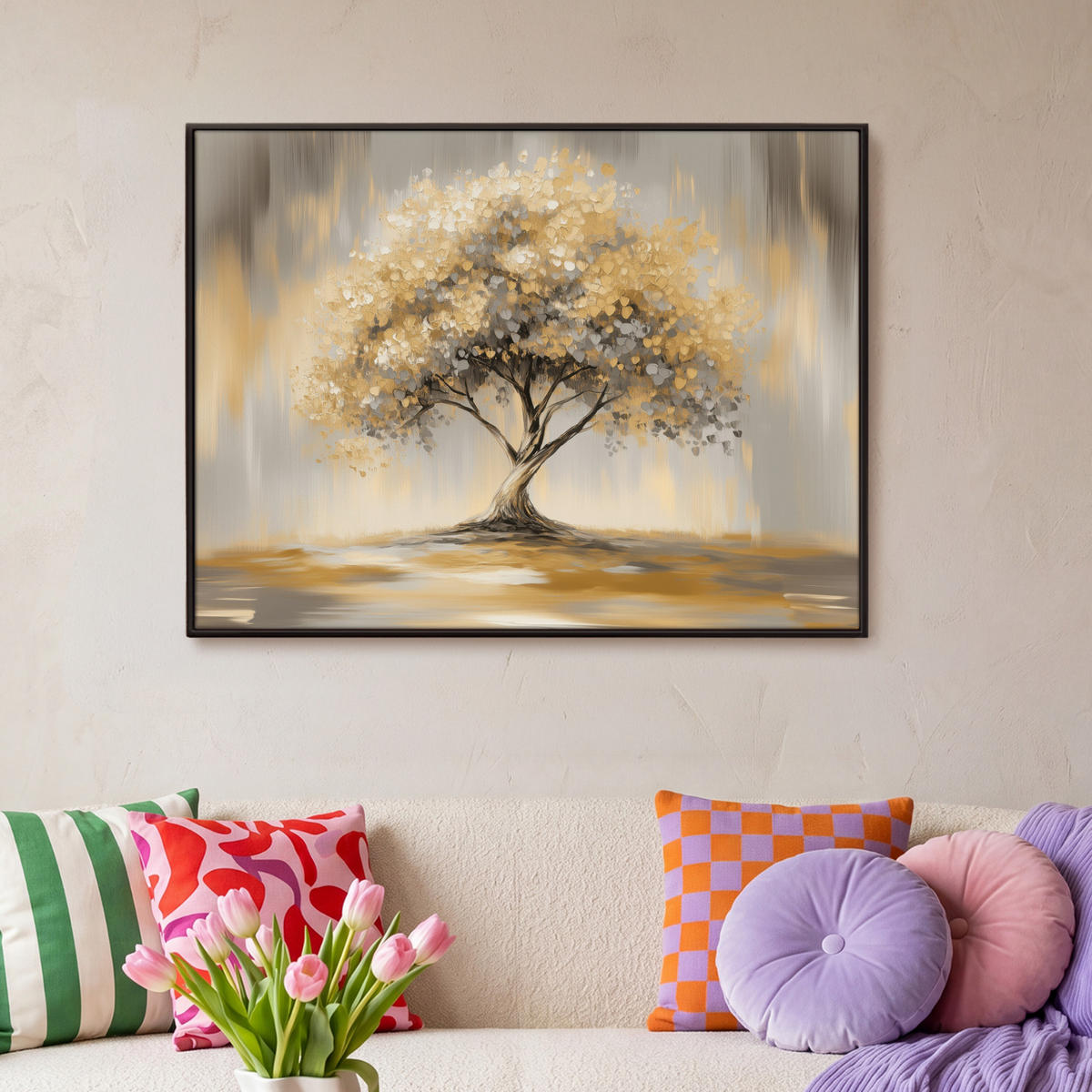 LEINWAND Bilder mit Rahmen - Gemälde - Baum - Abstrakt - Blätter - 100x70 - Beige, Textil (100/70cm) - MuchoWow
