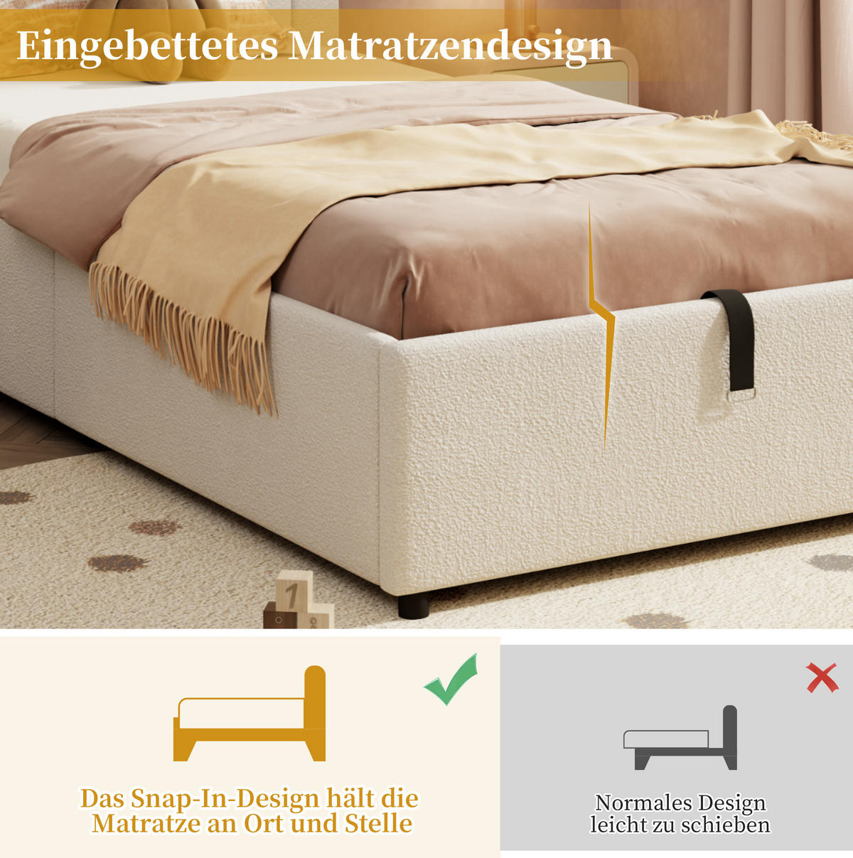 POLSTERBETT 90/200 cm aus Bouclé mit Bettkasten, Beige - Beige, Textil (90/200cm) - Flora Grace