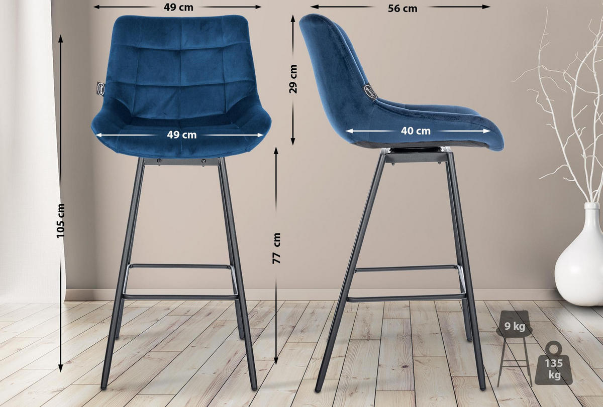 BARHOCKER Samt blau - Blau/Schwarz, Textil/Metall (49/105/56cm) - CLP