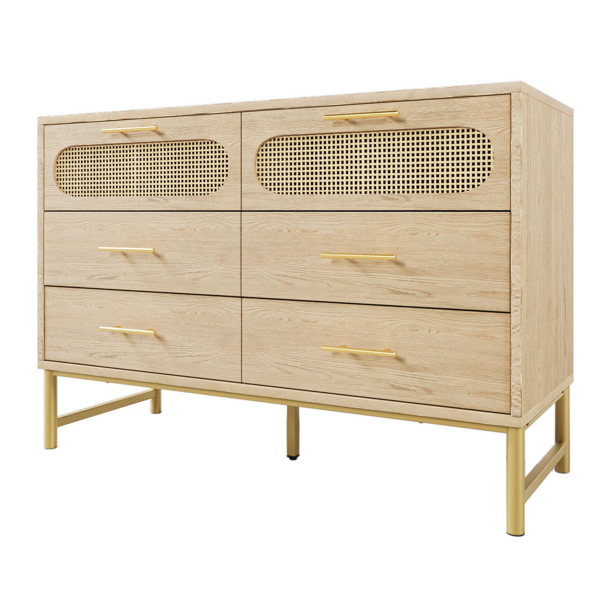 KOMMODE in Eichenfarben Sideboard mit 6 Schubladen für Wohnzimmer und Schlafzimmer, B120/T40/H77 cm - Eichefarben/Goldfarben, Holzwerkstoff/Metall (120/74/40cm) - STILVORA