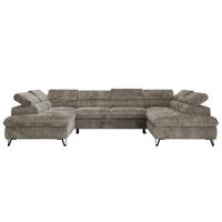 WOHNLANDSCHAFT PABLO U Cord Hellbraun mit Topper Visco - Schwarz/Grau, Textil/Metall (346/76/208cm) - MKS
