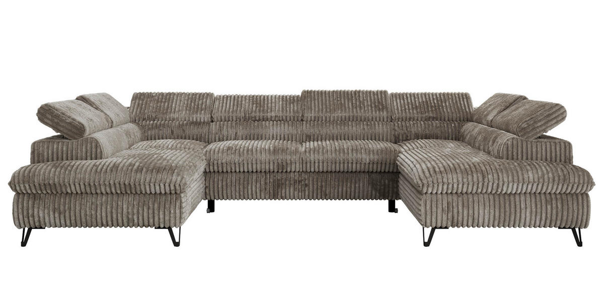 WOHNLANDSCHAFT PABLO U Cord Hellbraun mit Topper Visco - Schwarz/Grau, Textil/Metall (346/76/208cm) - MKS