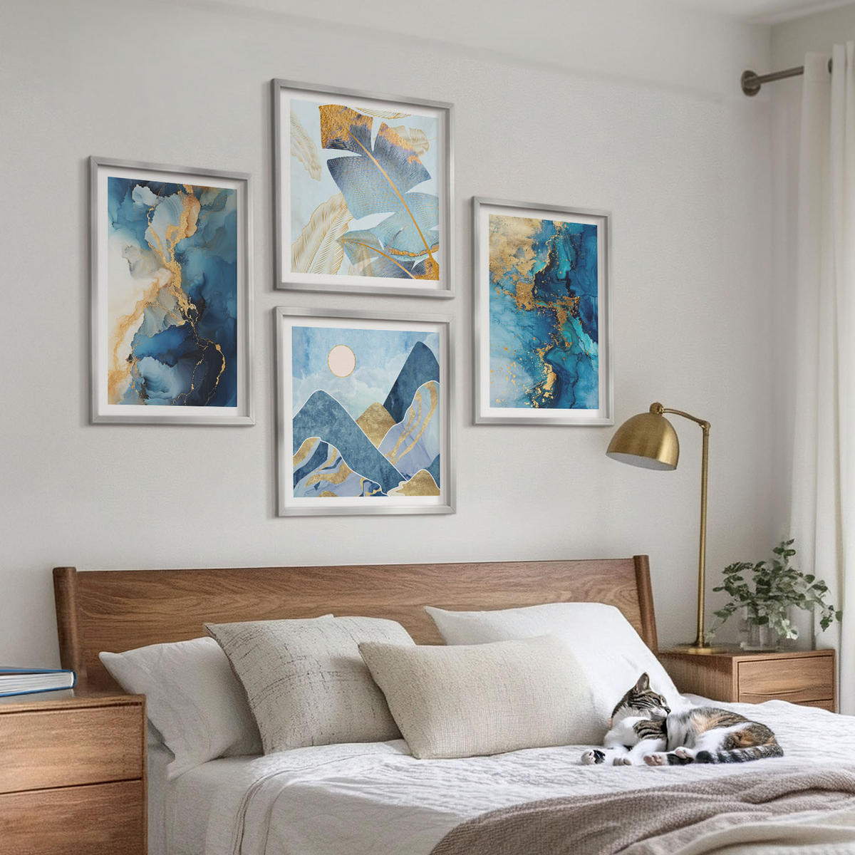 WANDBILDER 4er Set - 50x50 cm & 40x60 cm Silberner Rahmen - Goldmuster in den blauen Bergen - Silberfarben, Kunststoff (50/50cm) - ArtPrintCave