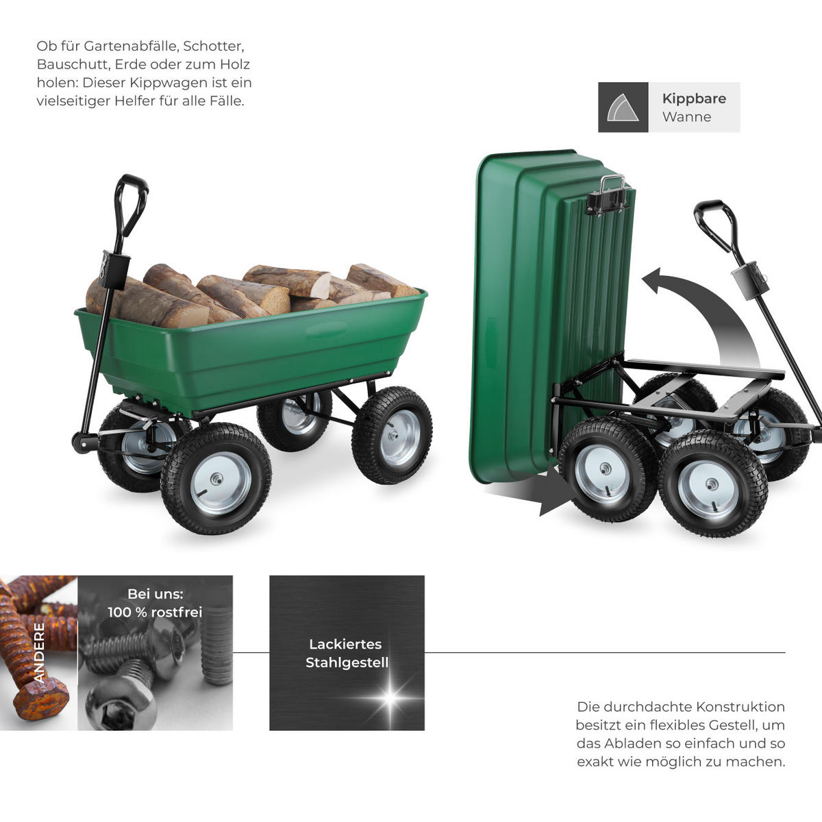 GARTENWAGEN Tummi, Belastbarkeit 300 kg, grün - Grün, Metall (58/60.5/107cm) - tectake