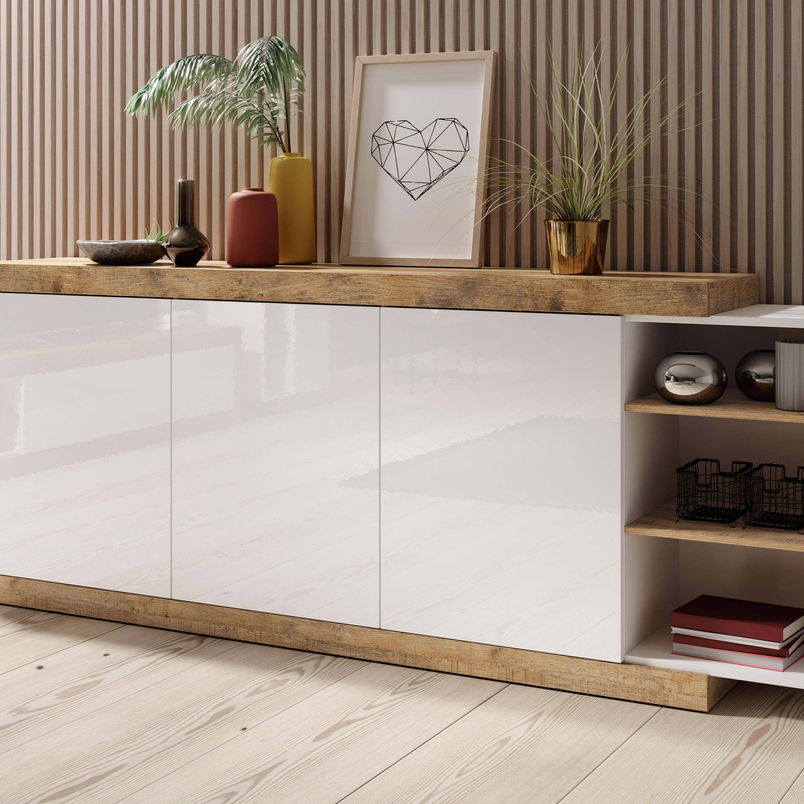 SIDEBOARD SINFONIA 220/86/40 cm mit 3 Türen Eichefarben - Eichefarben/Weiß, Holzwerkstoff (220/86/40cm) - MASSENO