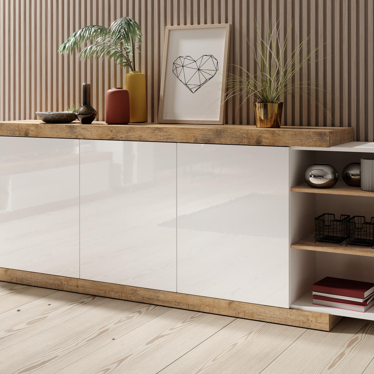 SIDEBOARD SINFONIA 220/86/40 cm mit 3 Türen Eichefarben - Eichefarben/Weiß, Holzwerkstoff (220/86/40cm) - MASSENO