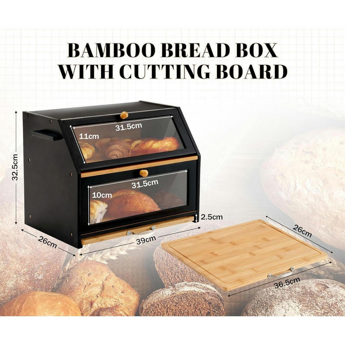 BROTKASTEN Bambus Schwarz mit Schneidebrett 39 x 26 x 32.5 cm - Schwarz, Naturmaterialien (26/32.9/39cm)