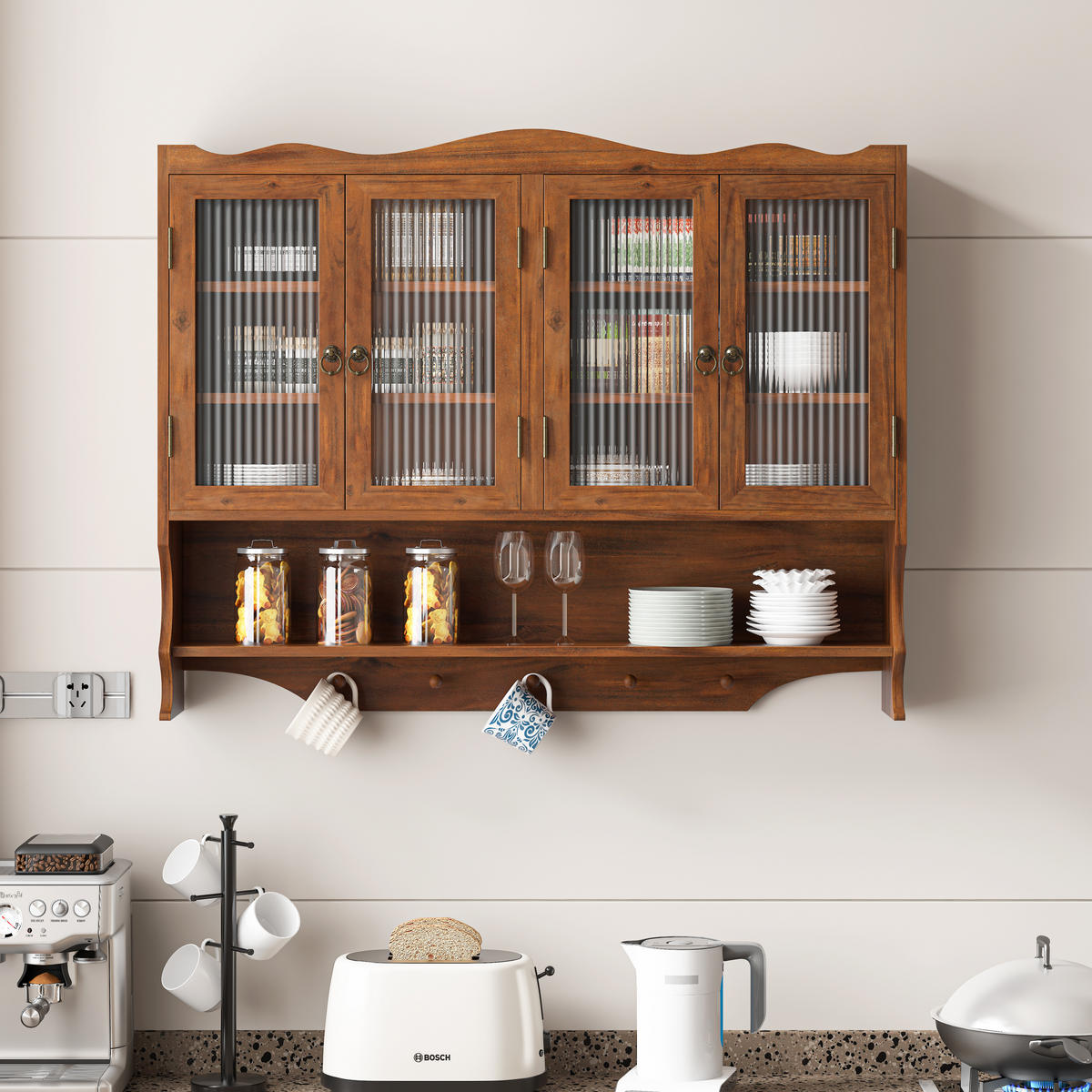 KÜCHENOBERSCHRANK 100x20x80 cm Braun aus Massivholz & Glas mit 4 Türen & Haken - Braun, Holz (100/80/20cm) - Modfu