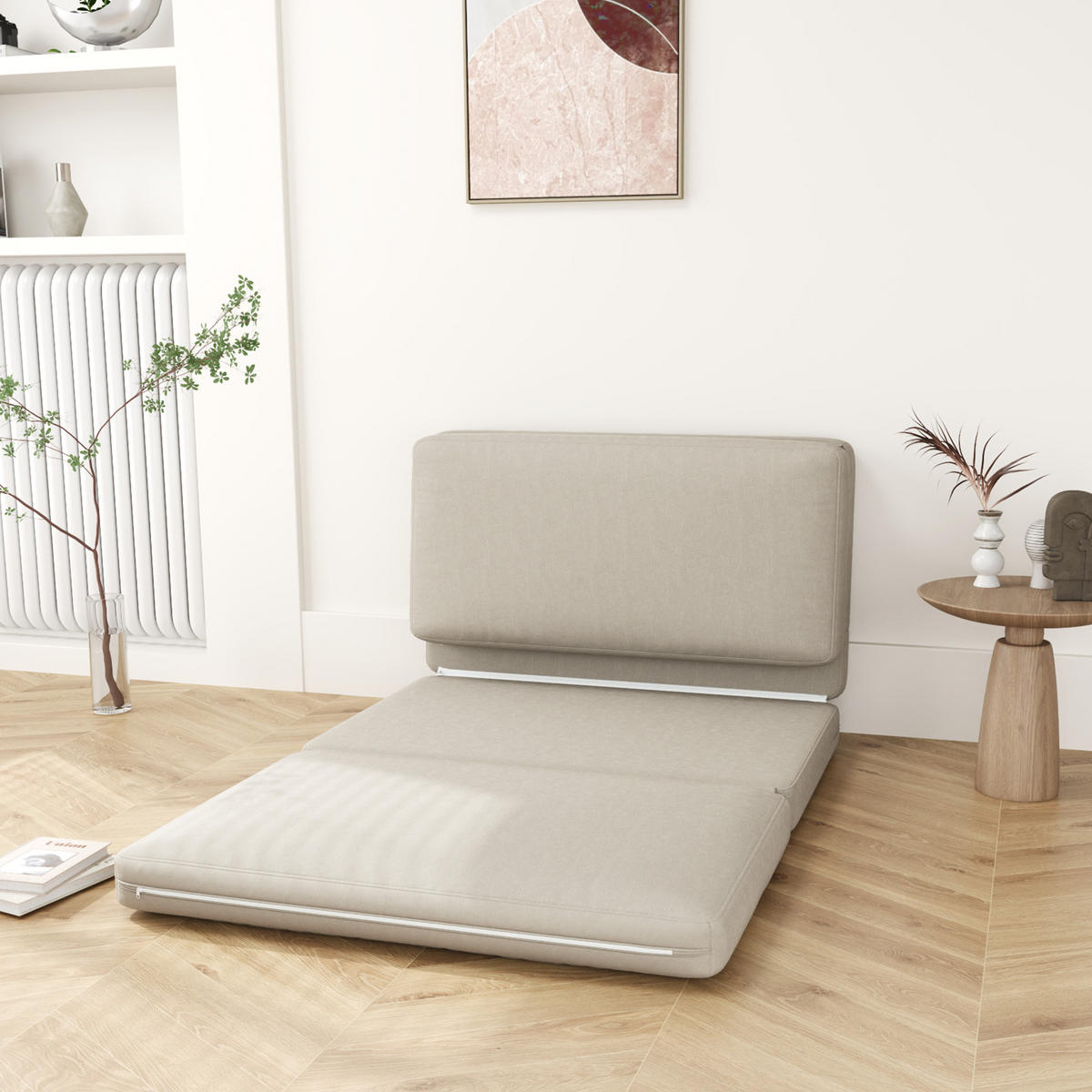 BODENSOFA 3-in-1 Klappbar Schlafsofa mit Samtoptik für Schlafzimmer, Wohnzimmer - Beige, Textil (120/10/275cm) - HOMCOM