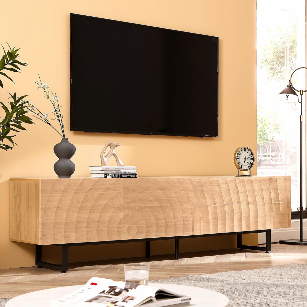 TV-SCHRANK 180 cm Natur Holzoptik mit 3D-Holzstruktur, Schubladen & Schrank - Naturfarben, Holzwerkstoff (180/51.5/38cm) - Urban Meuble
