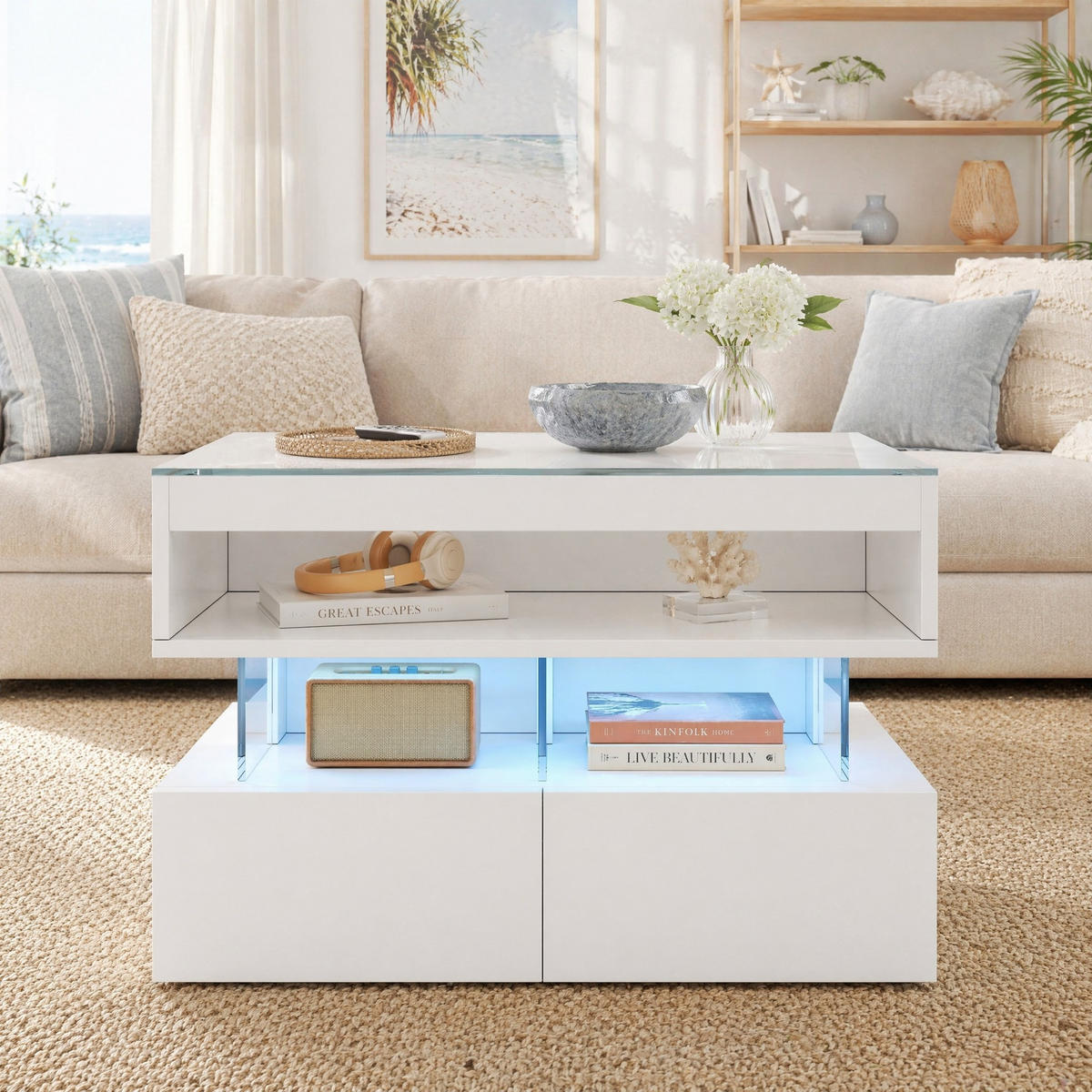 COUCHTISCH in Weiß Wohnzimmertisch höhenverstellbar mit 16-farbiger LED-Beleuchtung, B70/T67/H57cm - Weiß, Glas/Holzwerkstoff (67/70/57cm) - STILVORA