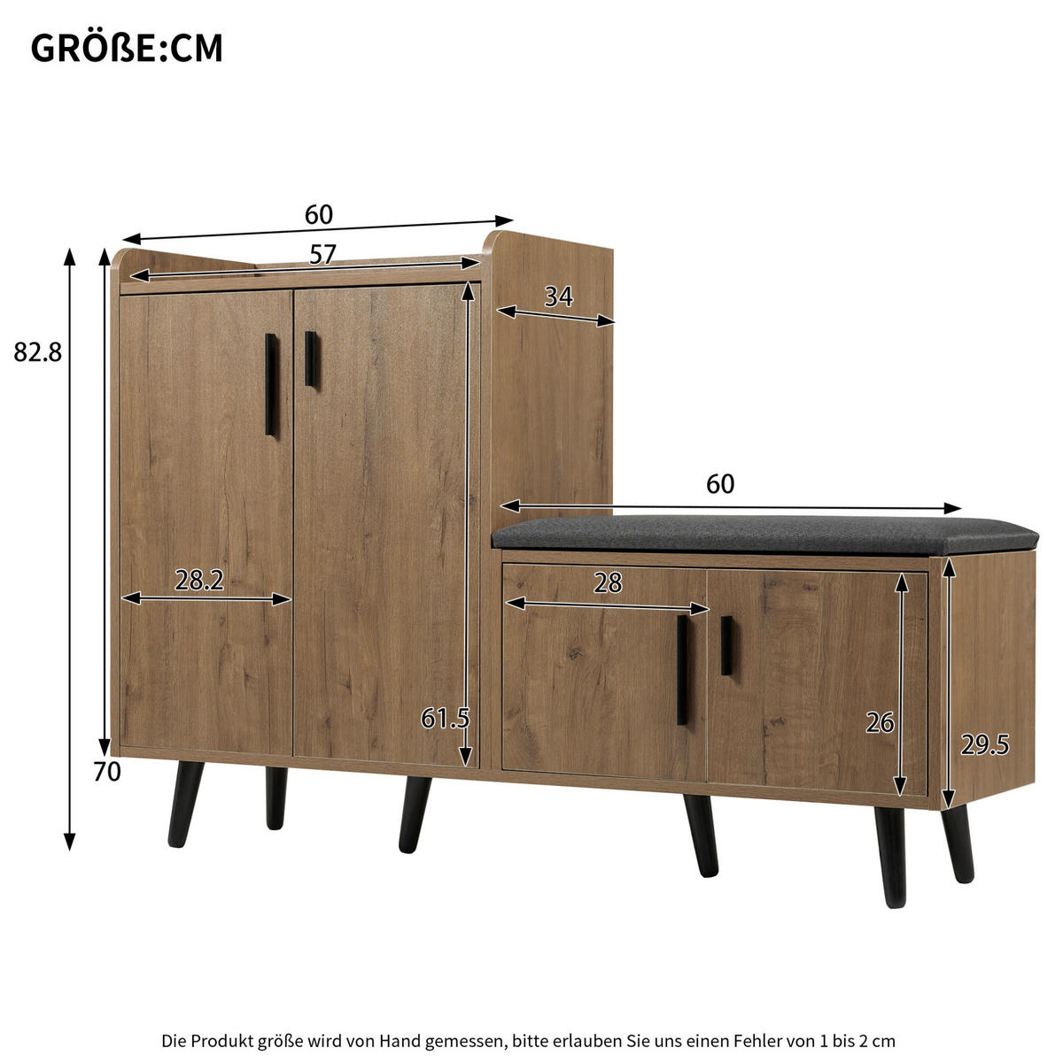 SCHUHBANK 120/34/82 cm in Natur mit Sitzpolster und 4 Türen - Naturfarben, Holzwerkstoff (120/82/34cm) - BEAOK