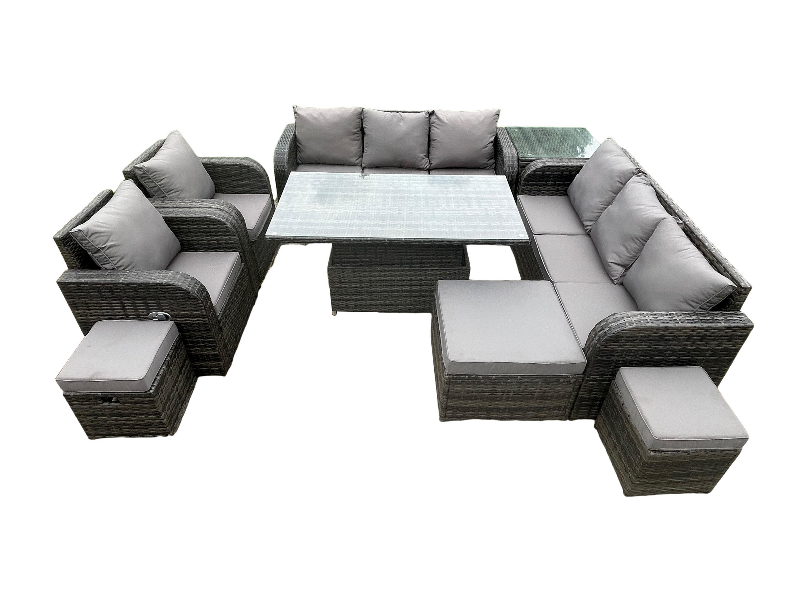 GARTENSOFA SET Polyrattan 11-Sitzer - Dunkelgrau/Grau, Glas/Kunststoff - Fimous
