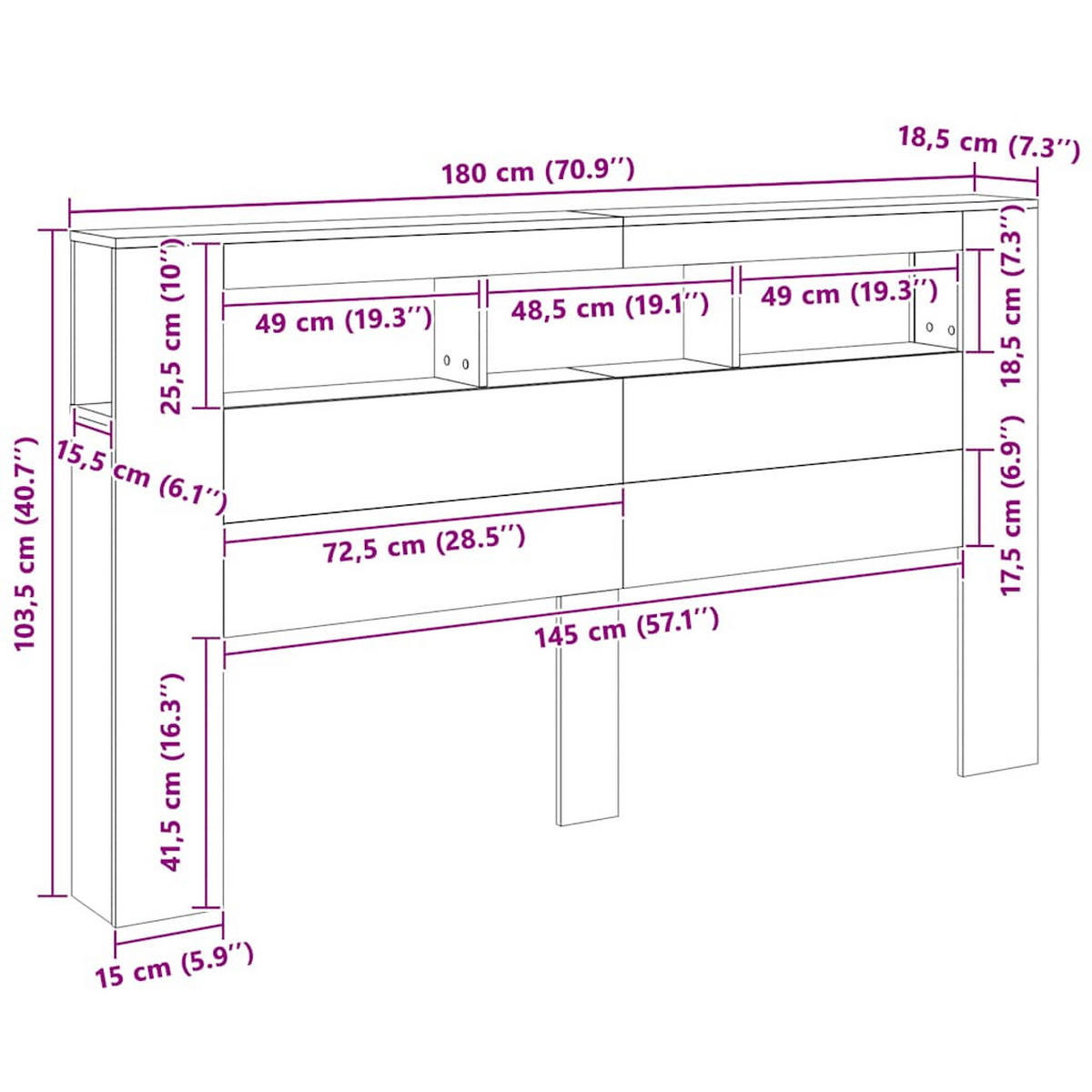 KOPFTEIL mit LED und Ablagen, 180/18,5/103,5 cm, aus Holzwerkstoff, in Weiß - Weiß, Holz (18.5/103.5/180cm) - vidaXL