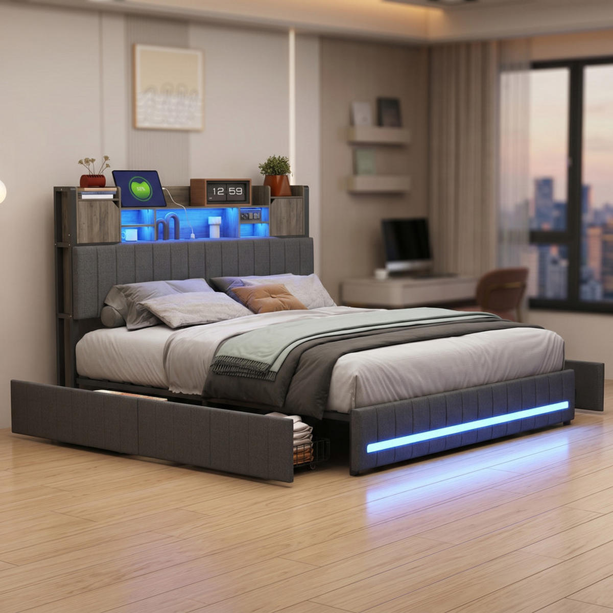 POLSTERBETT 140/190 cm grau mit Stauraum, Schubladen und LED - Grau, Holz