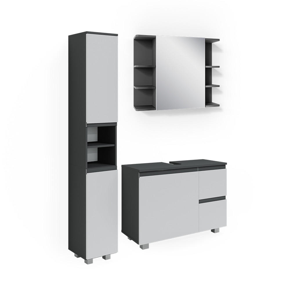 BADMÖBEL-SET J-Shape Anthrazit 3 Teile, mit Hochschrank - Anthrazit/Weiß, Holzwerkstoff (80/60/33cm) - Vicco