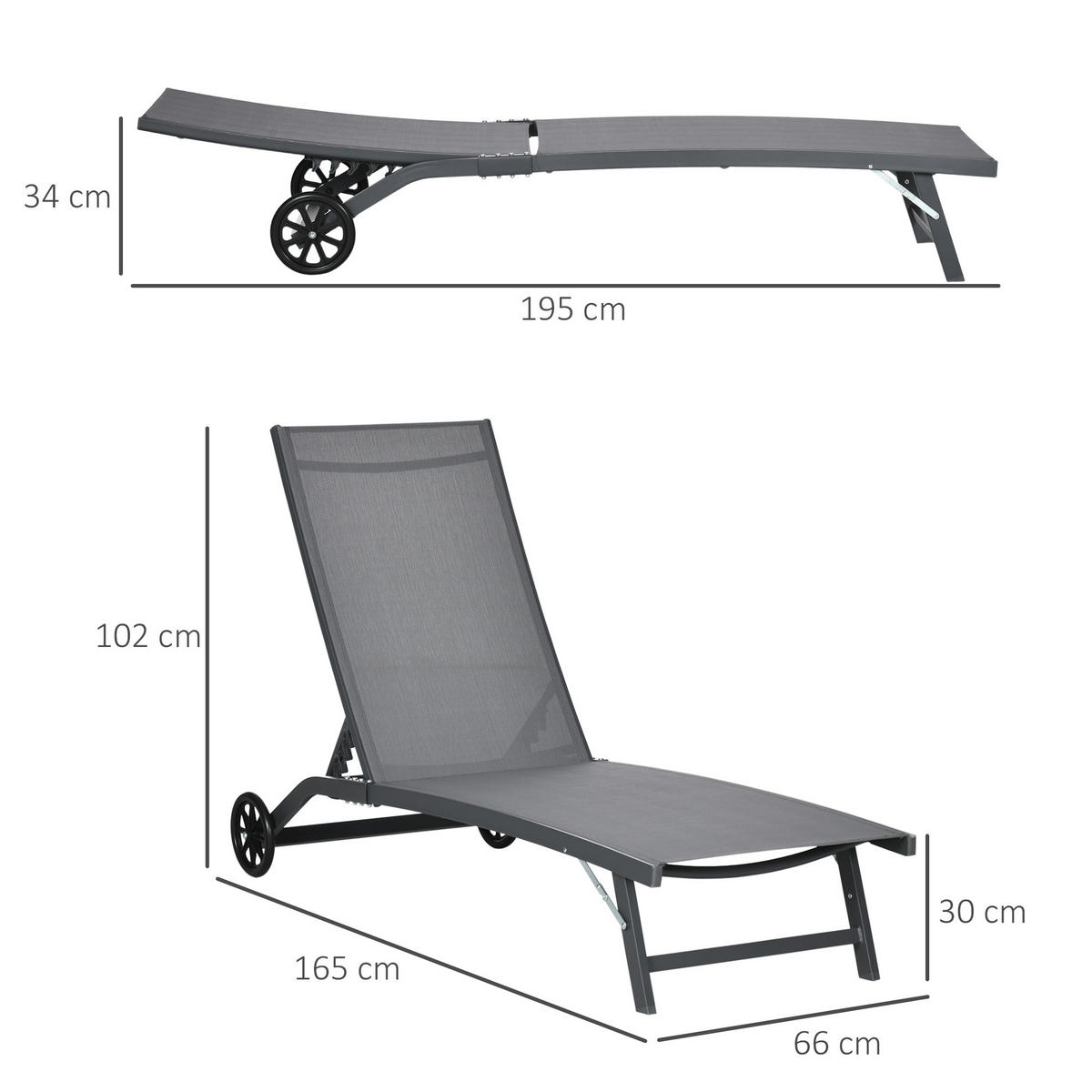 SONNENLIEGE 2er-Set DE-15619 mit Rollen, 5-fach verstellbar Dunkelgrau - Dunkelgrau, Metall (165/102/66cm) - ComfortXL