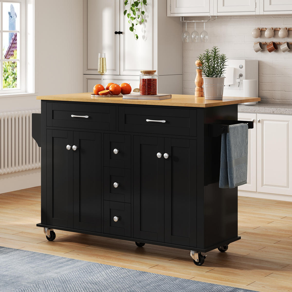 KÜCHENINSELWAGEN 140x65x89cm Schwarz mit ausklappbarer Platte, Schubladen & 5 Rollen - Schwarz, Holzwerkstoff (140/89/65cm) - Modfu