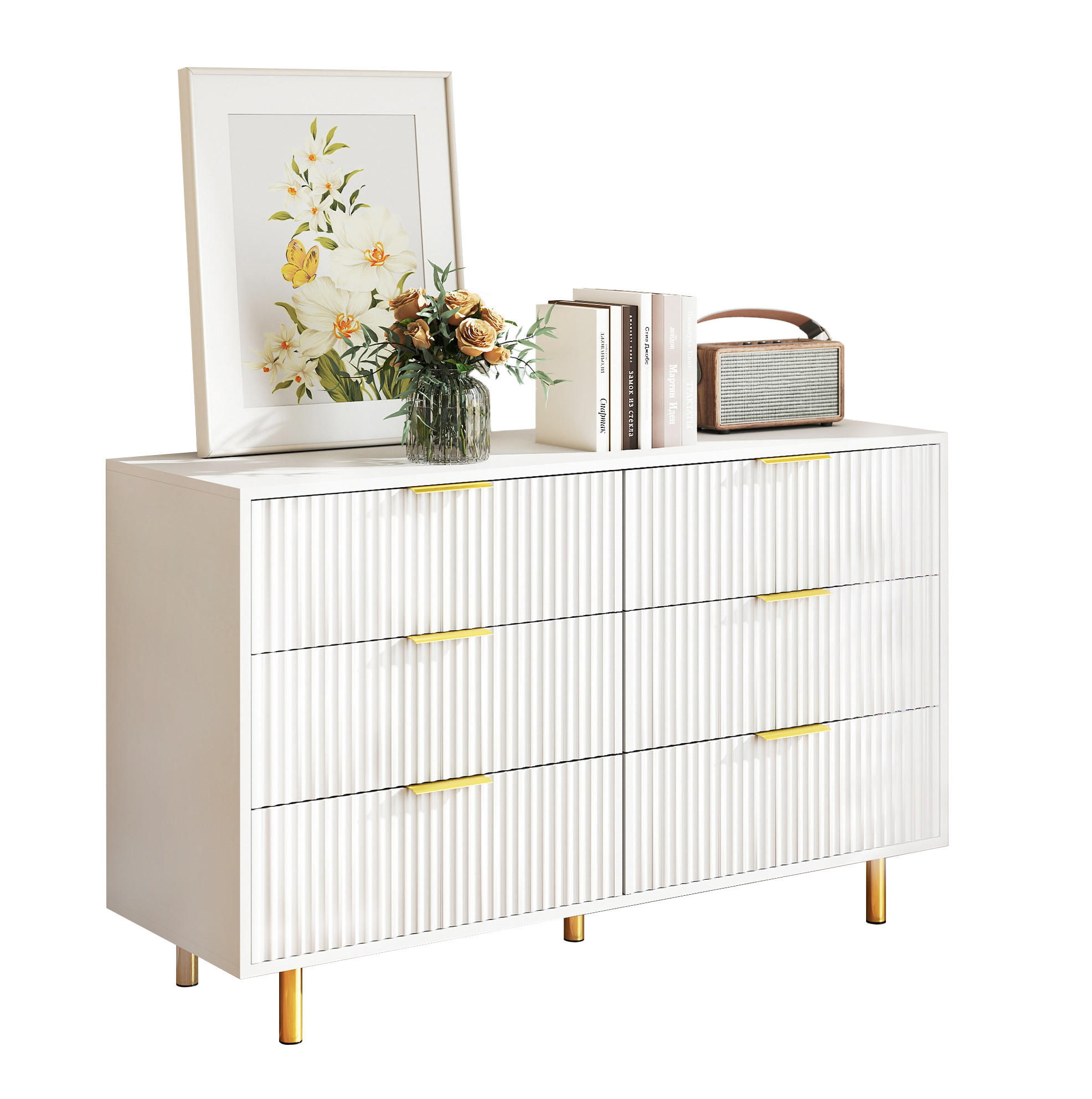 KOMMODE 120/40/72 cm mit 6 Schubladen, MDF mit goldfarbenen Metallbeinen, Weiß - Weiß, Holzwerkstoff (120/72/40cm) - Redom