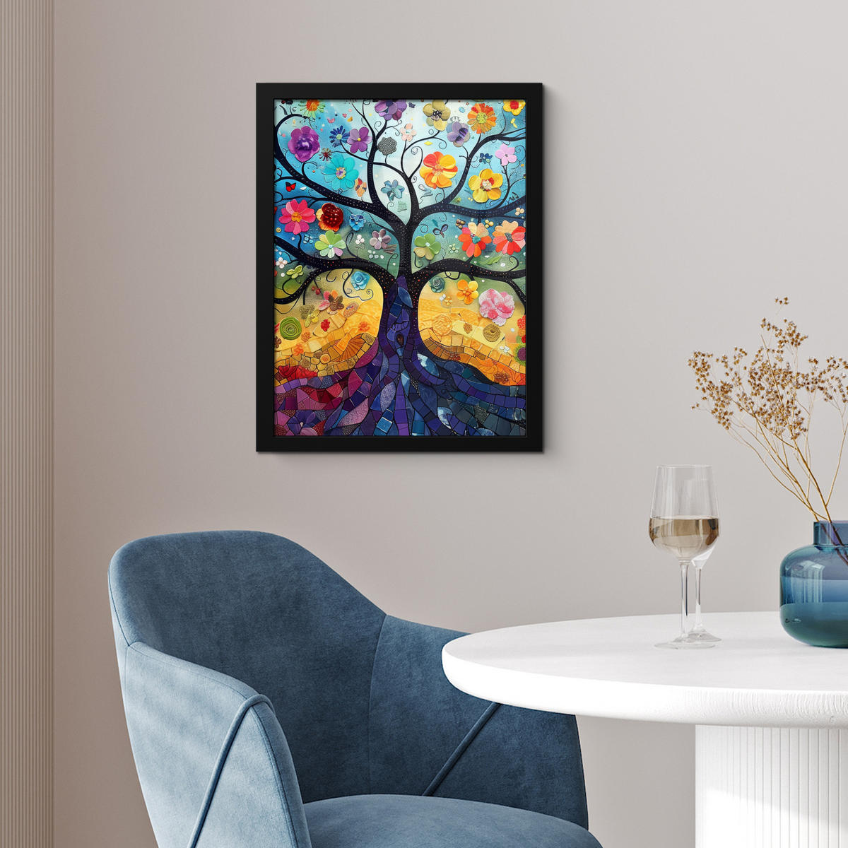GERAHMTES BILD Kunst - Baum des Lebens - Blumen - Hippie 30x40 cm - Dunkelblau, Papier (30/40cm) - MuchoWow