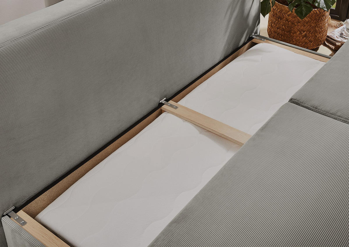 DAUER-SCHLAFSOFA Federkern Topper Bettkasten B201/T110/H88 cm, Liegefläche 160x200 cm, Feincord Hellgrau / 15152 - Wildeiche/Hellgrau, Holz/Textil (201/88/110cm) - luma-home