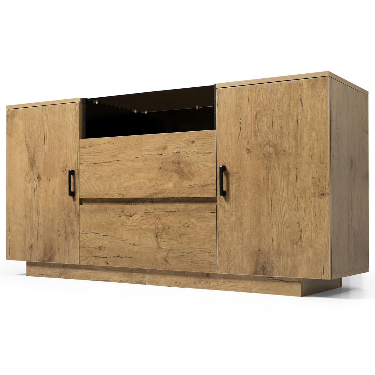 SIDEBOARD 140/40/70 cm in Eiche mit 2 Schubladen, ESG-Glas und offenen Fächern - Eichefarben, Glas (140/70/40cm) - Flora Grace