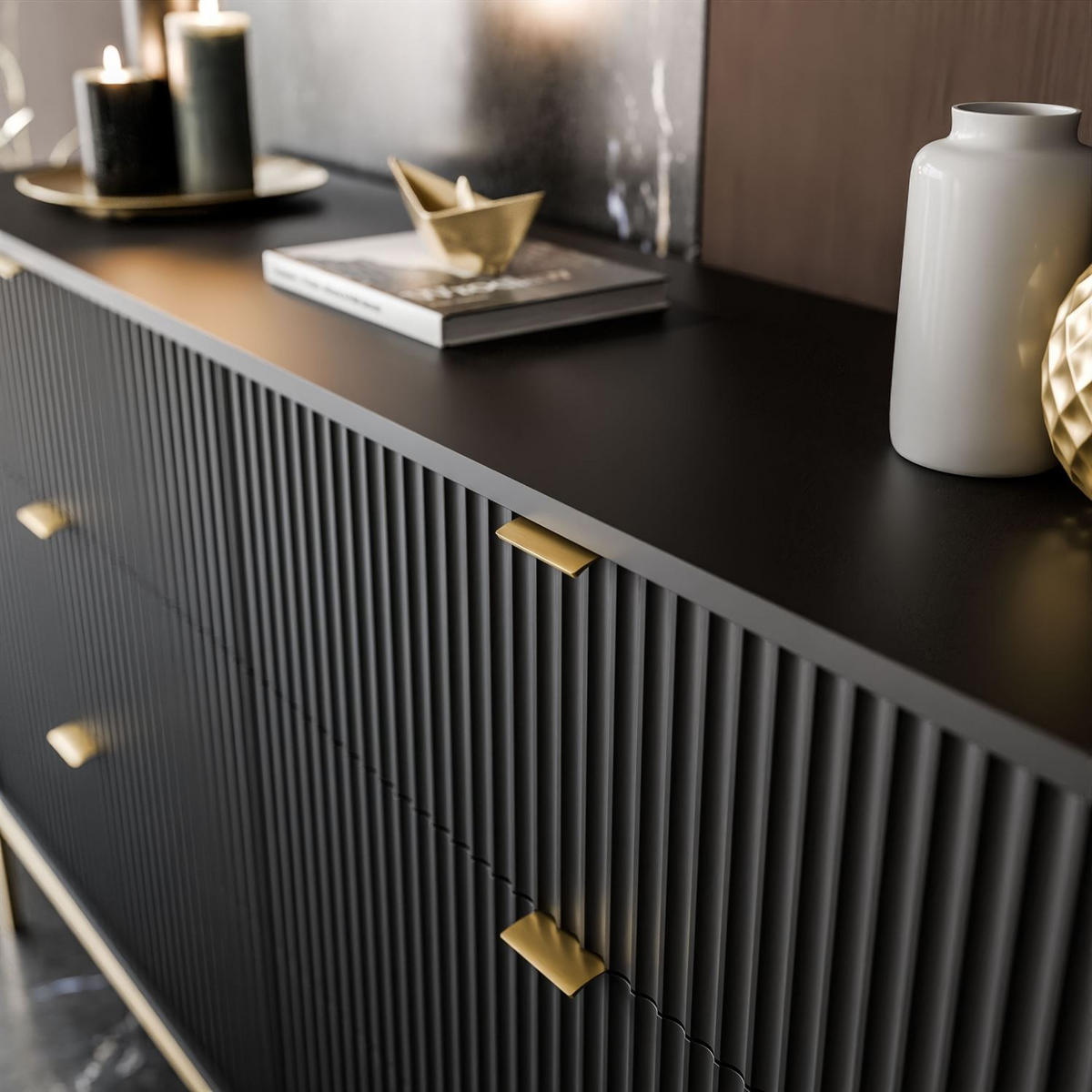 KOMMODE CORTADO GOLD KS154 MIT SCHUBLADEN SCHWARZ - Schwarz, Holzwerkstoff (154/91/39cm) - Lookway