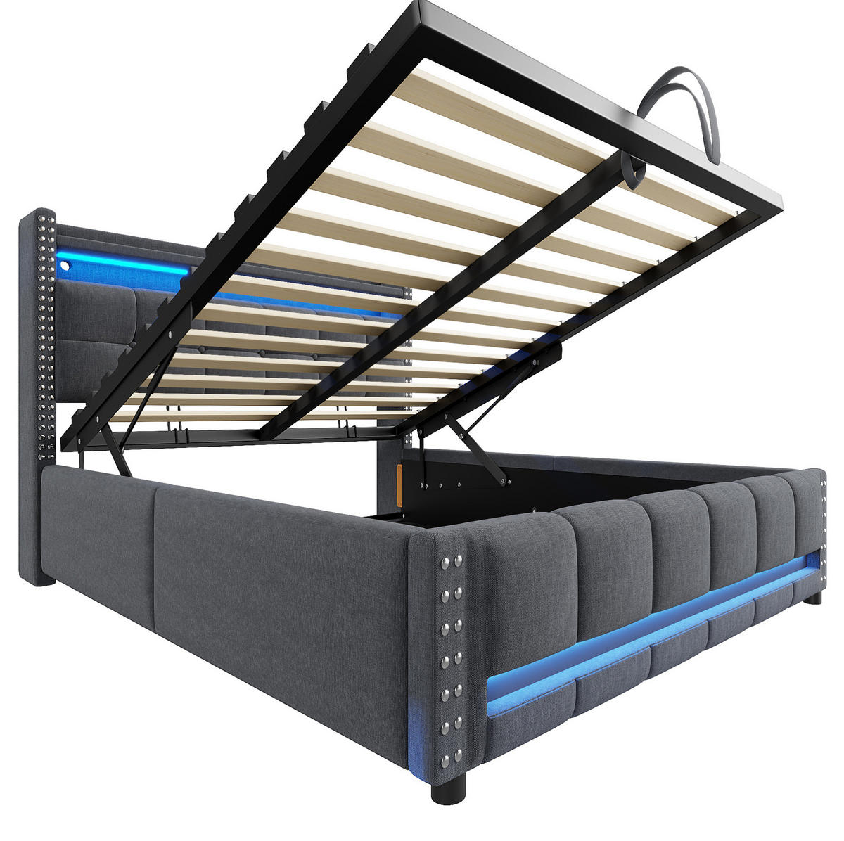 POLSTERBETT mit Stauraum und LED 160x200 cm Leinen Grau - Grau, Metall (160/200cm) - Meubliv
