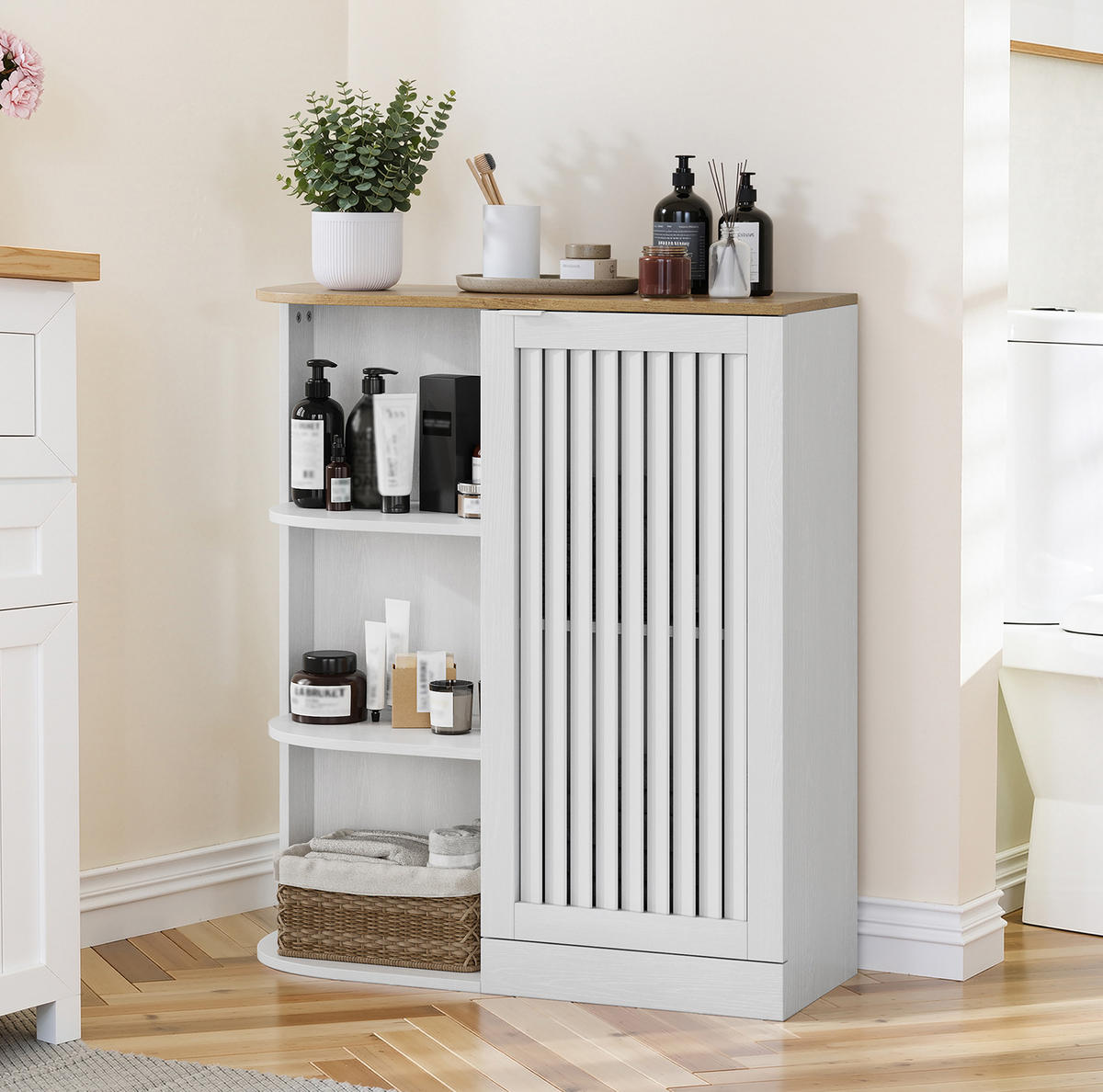 BADEZIMMERSCHRANK 68x25x76 cm Weiß & Eiche mit 3 offenen Regalen & Schrank - Weiß, Holzwerkstoff (68/76/25cm) - Modfu