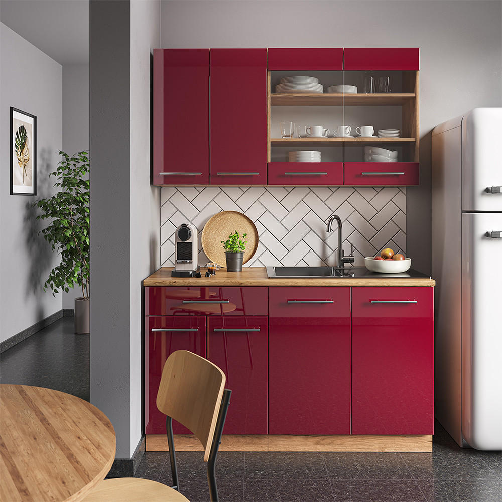 SINGLEKÜCHE Fame-Line Bordeaux Hochglanz/Goldkraft Eiche 140 cm ohne AP - Honigeiche/Bordeaux, Holzwerkstoff (140/81.6/46cm) - Vicco