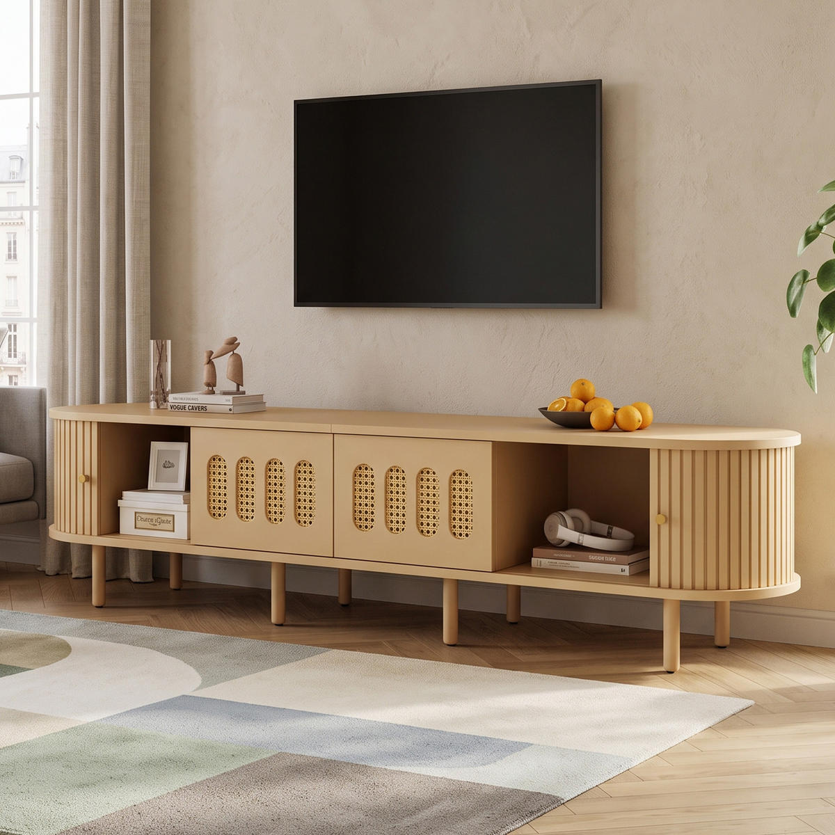 TV-LOWBOARD Naturholz Optik 180cm für 75 Zoll Fernseher mit 4 Waffelmuster Türen - Naturfarben, Holzwerkstoff (180/40/40cm) - Urban Meuble