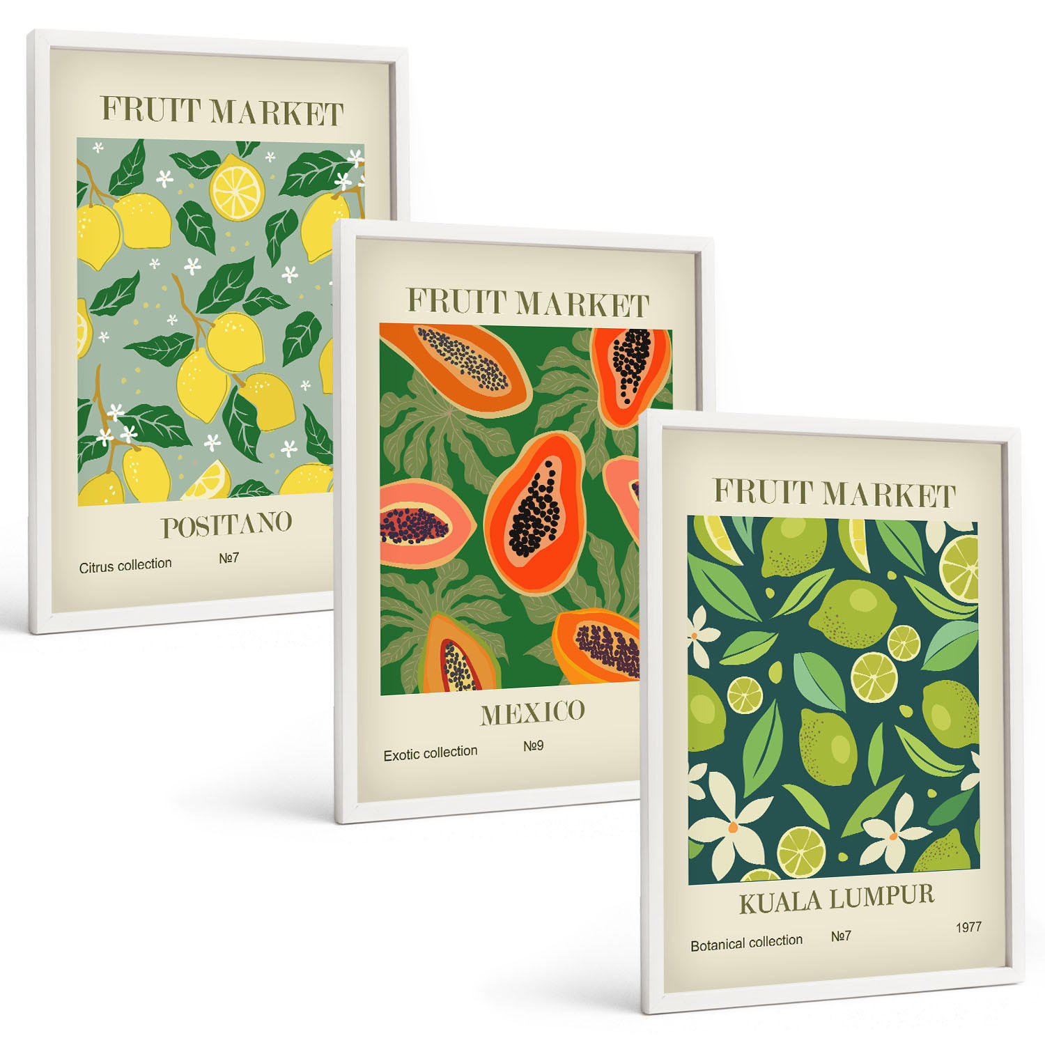 BILDER SET 3er Set - 40x60 cm Weißer Rahmen - Fruchtige Zitronen- und Papayamuster - Weiß, Kunststoff (40/60cm) - TULUP