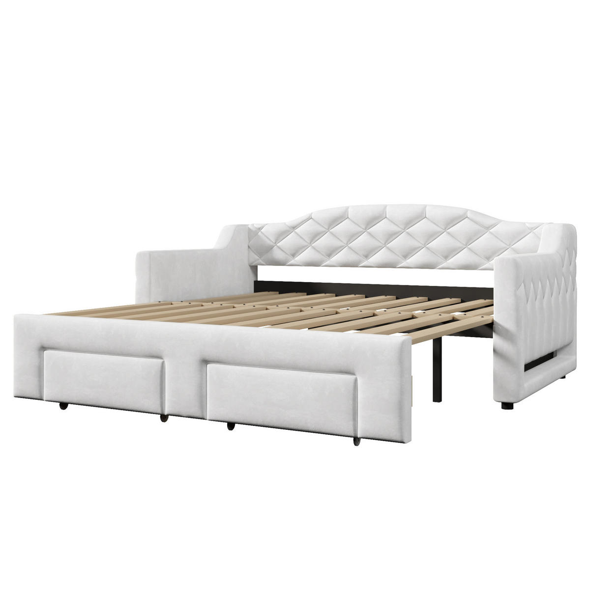 DENNÁ posteľ 90/200 cm biela rozkladacia na 180/200 cm s LED a zásuvkami z MDF, preglejky a zamatu - biela, textil (90/200cm) - OKWISH