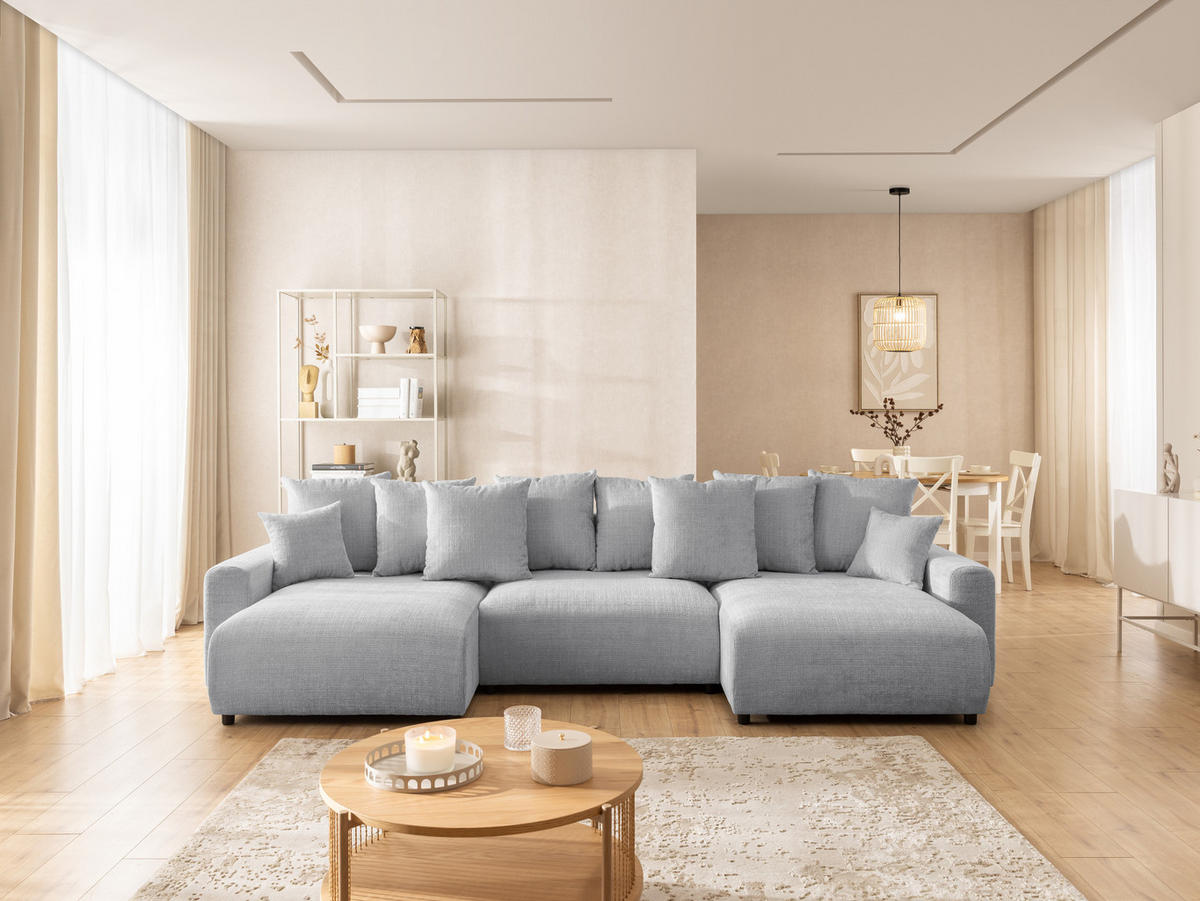 WOHNLANDSCHAFT Calma mit Schlaffunktion und Bettkasten im Bumpy-Design aus weichem Hellgrau Chenille-Stoff - Hellgrau/Schwarz, Holz/Kunststoff (336/88/140cm) - S-Style Möbel