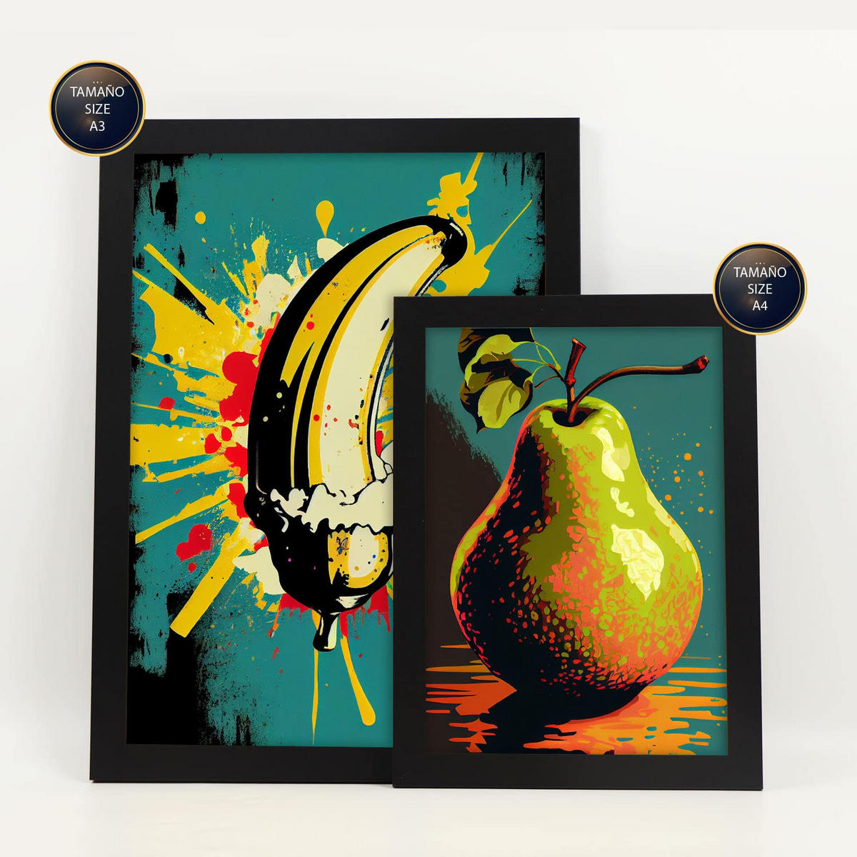 POSTER Set Mit 6 Sommerzeit Vollfarbige Plakate Von Obst, Gemüse Und Gesunden Lebensmitteln Im Urban Art Stil A3 & A4 Schwarzer Rahmen - Schwarz, Papier (29/3cm) - Nacnic
