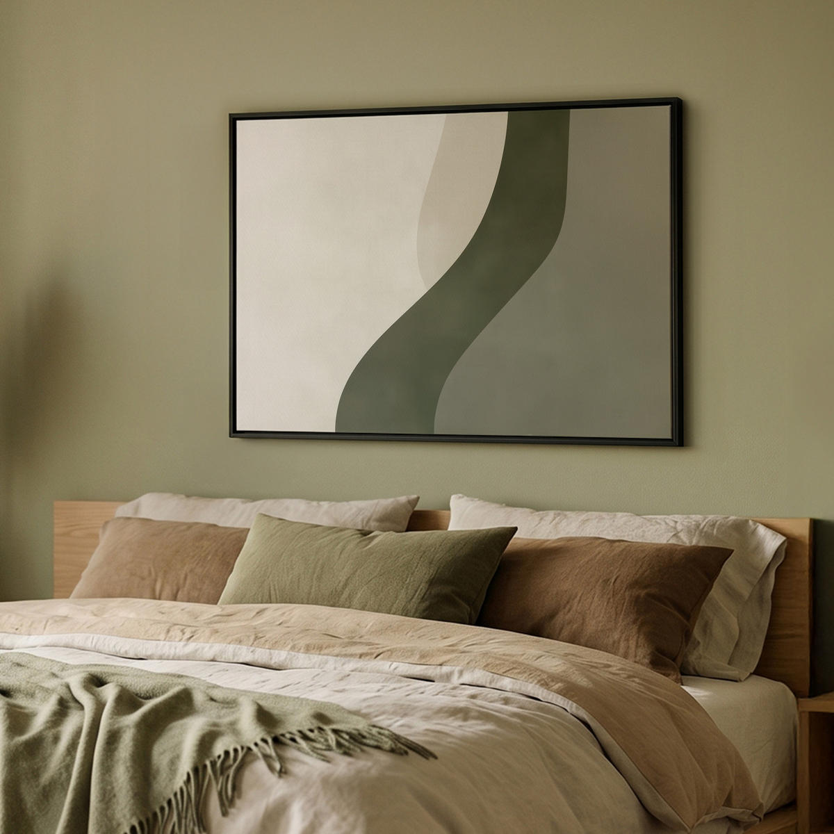 LEINWAND Bilder mit Rahmen - Japandi - Grün - Abstrakt - Modern - 100x70 - Salbeigrün, Textil (100/70cm) - MuchoWow