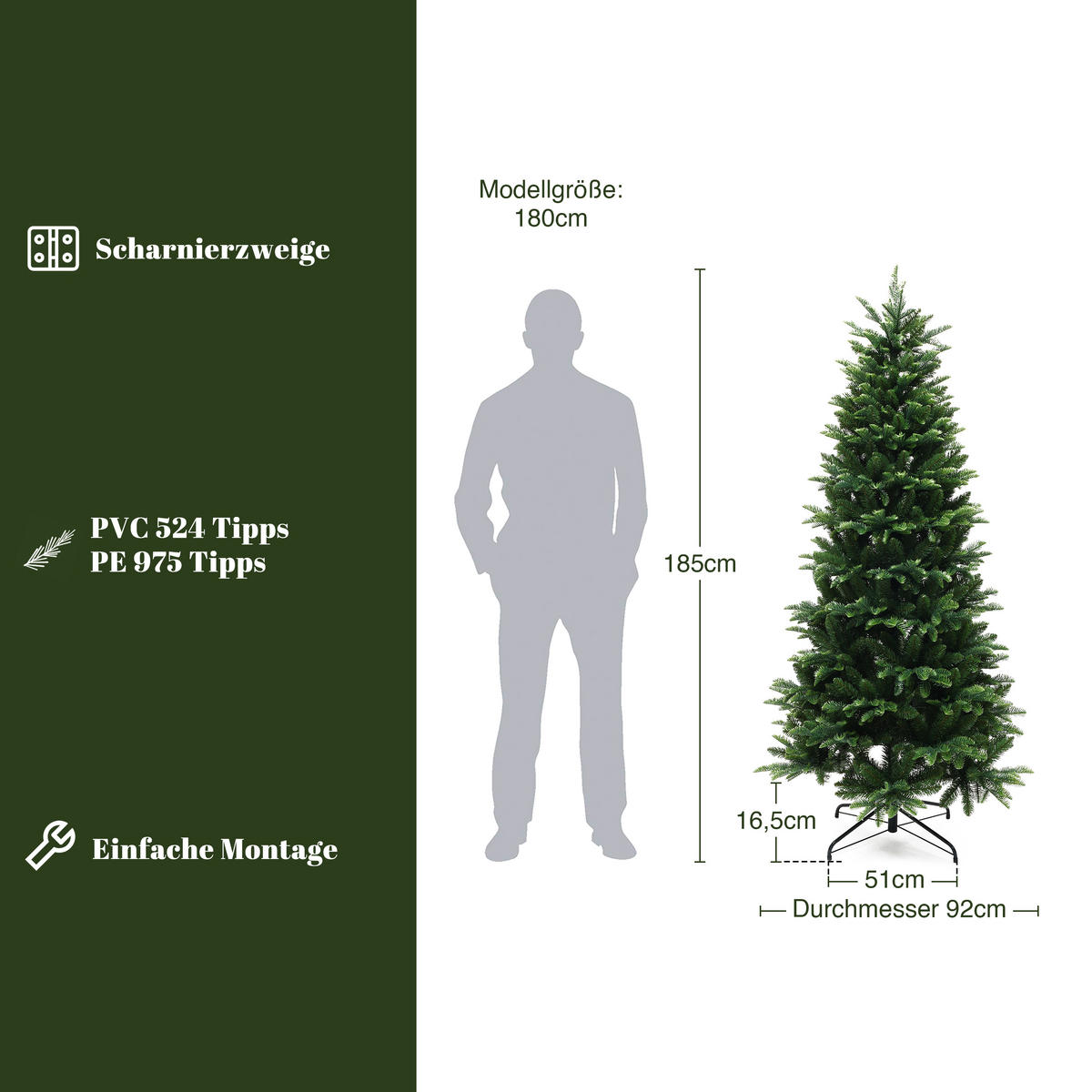 KÜNSTLICHER Weihnachtsbaum 185 cm, Tannen-Optik, 1499 PE/PVC-Spitzen - Grün, Kunststoff (92/185cm) - Hometopia
