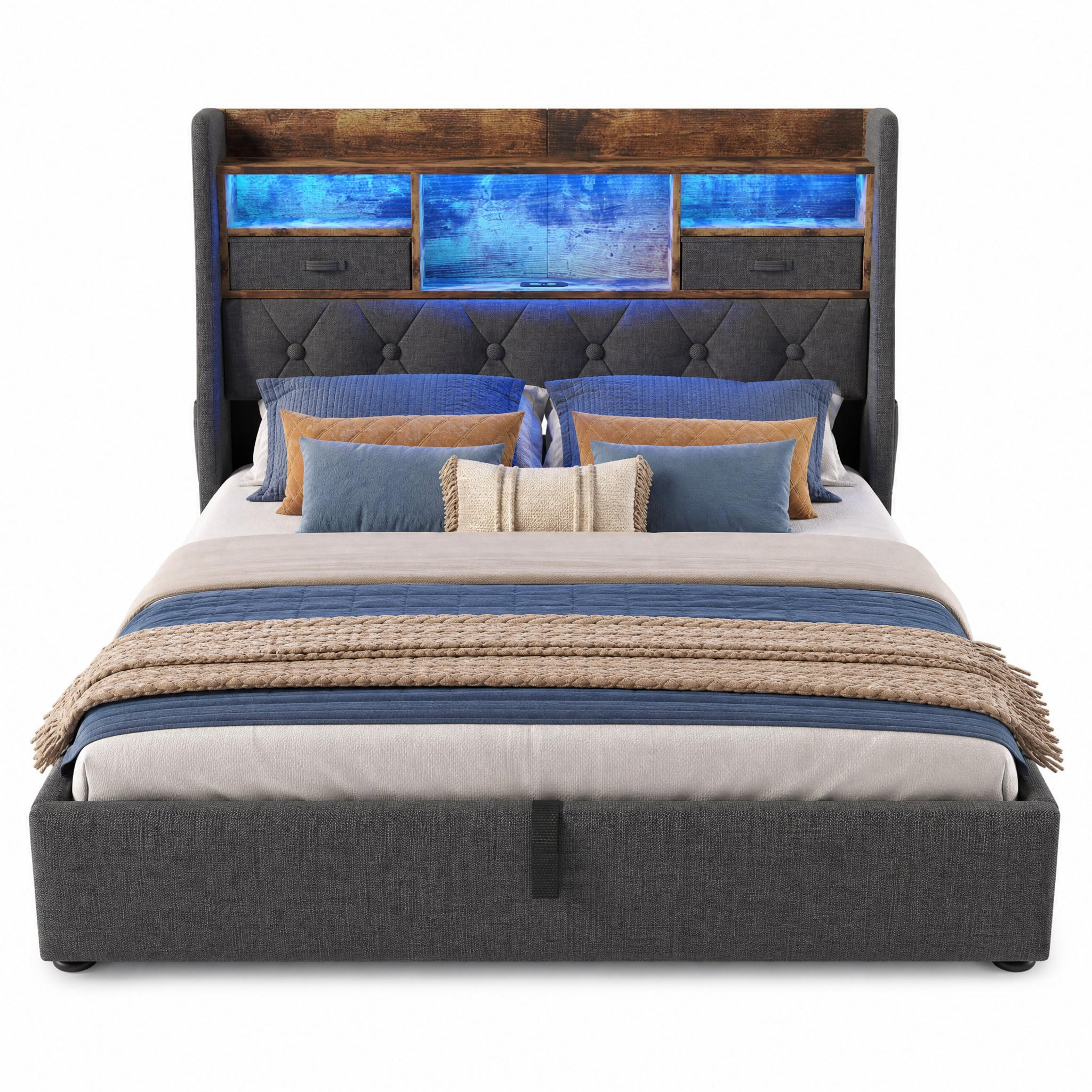 POLSTERBETT 140/200 mit Bettkasten, LED und USB in Grau - Grau, Holzwerkstoff/Textil (140/200cm) - EVRYAE