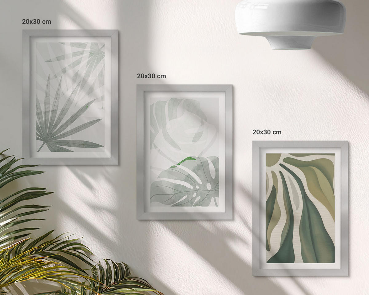 WANDBILDER 3er Set - 20x30 cm Silberner Rahmen - Blätter von Pflanzen in Grün und Grau - Silberfarben, Kunststoff (20/30cm) - ArtPrintCave