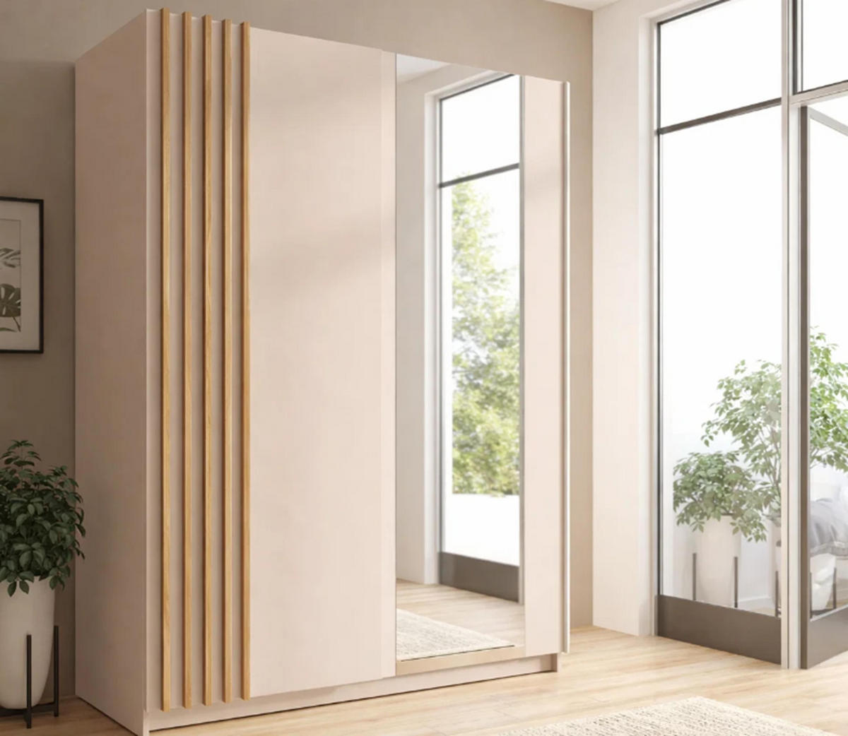 KLEIDERSCHRANK Beralto Beige 150/198,5/63,5 cm – mit Spiegel und Lamellenfront - Beige, Holzwerkstoff (150/198.5/63.5cm) - AX Living