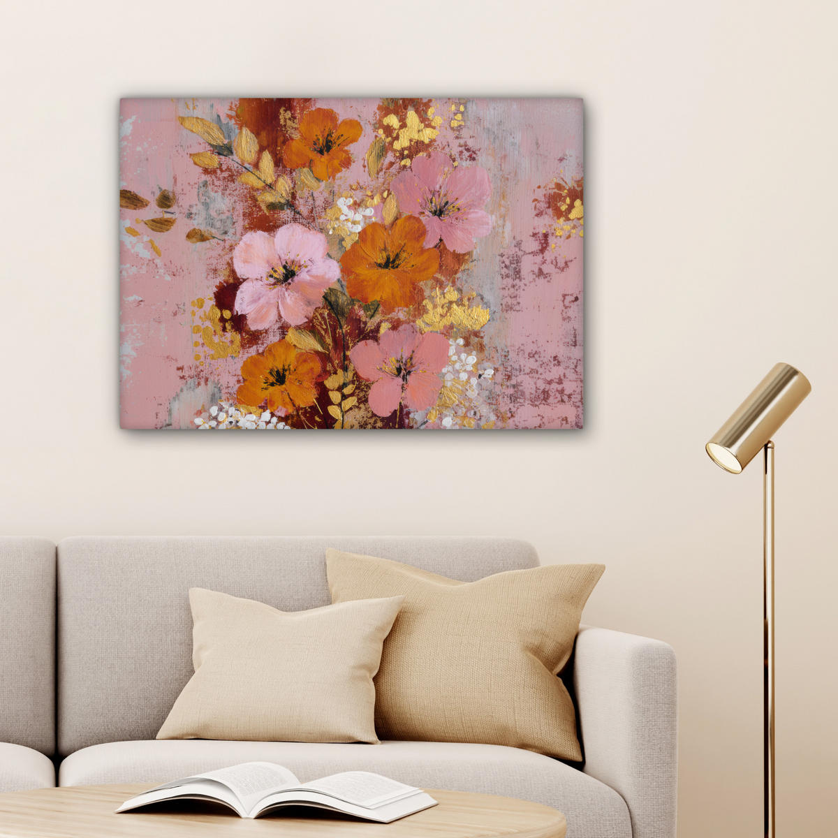 LEINWANDBILD Malerei - Blumen - Rustikal - Rosa Wandbilder 80x60 cm - Altrosa, Textil (80/60cm) - MuchoWow