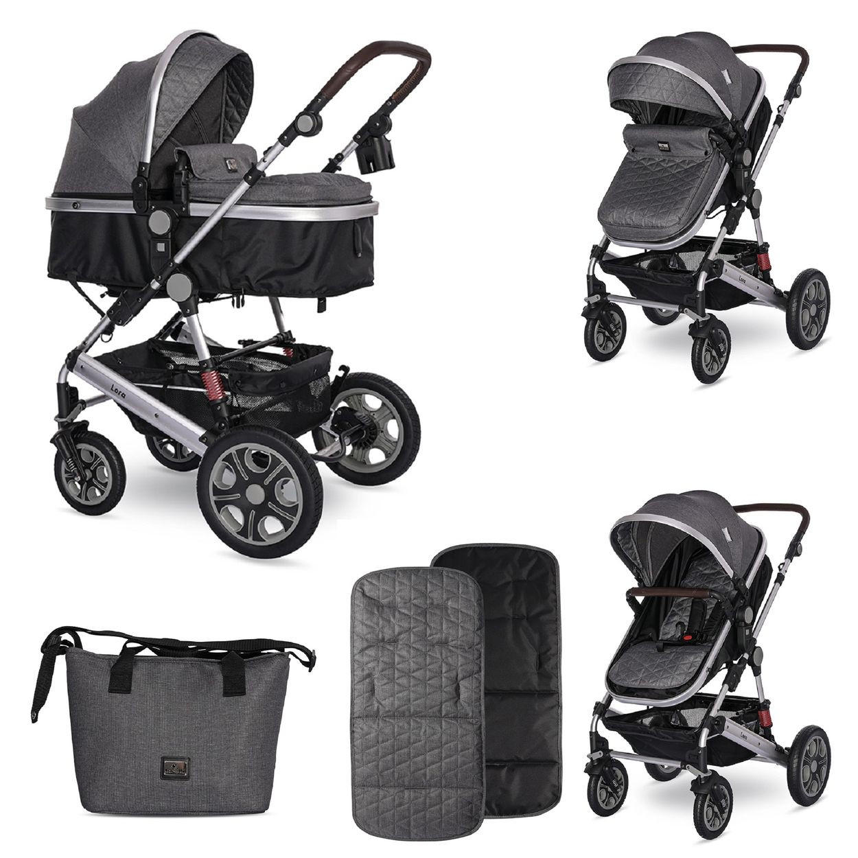 KINDERWAGEN Lora grau/schwarz faltbar Gummiräder Tragetasche Sportsitz Fußabdeckung - Schwarz, Metall (85/68/112cm) - Lorelli
