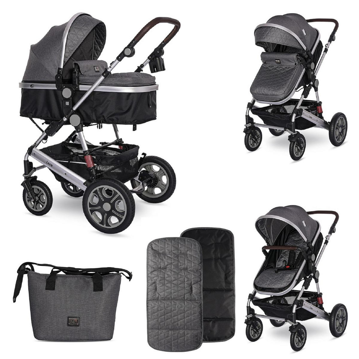 KINDERWAGEN Lora grau/schwarz faltbar Gummiräder Tragetasche Sportsitz Fußabdeckung - Schwarz, Metall (85/68/112cm) - Lorelli