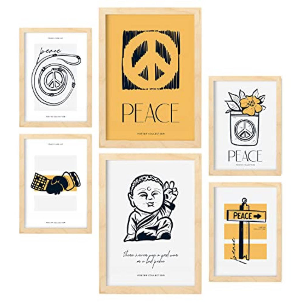 POSTER Set Mit 6 In Schwarzer Tinte Friedenszeichen Kunstdrucke Von Meer Und Ozean Für Innenarchitektur A3 & A4 Rahmen Aus Hellem Holz - Beige, Papier (29/3cm) - Nacnic