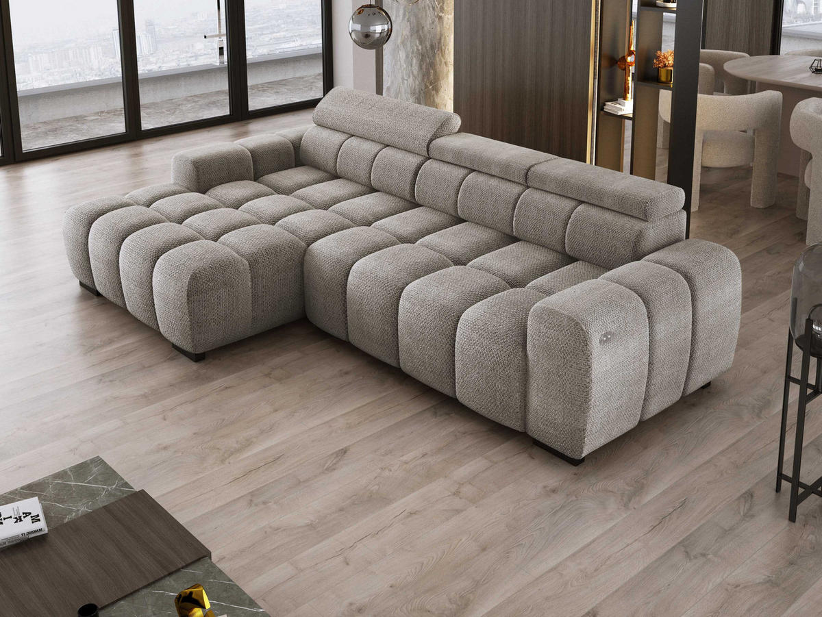 ECKSOFA OMBO 285x168x77/97 cm, Links, Schlaffunktion, elektr. Sitz, Kopfstützen, hydrophober EDEN-Stoff – Grau - Grau, Holz/Textil (168/285cm) - DomoHome